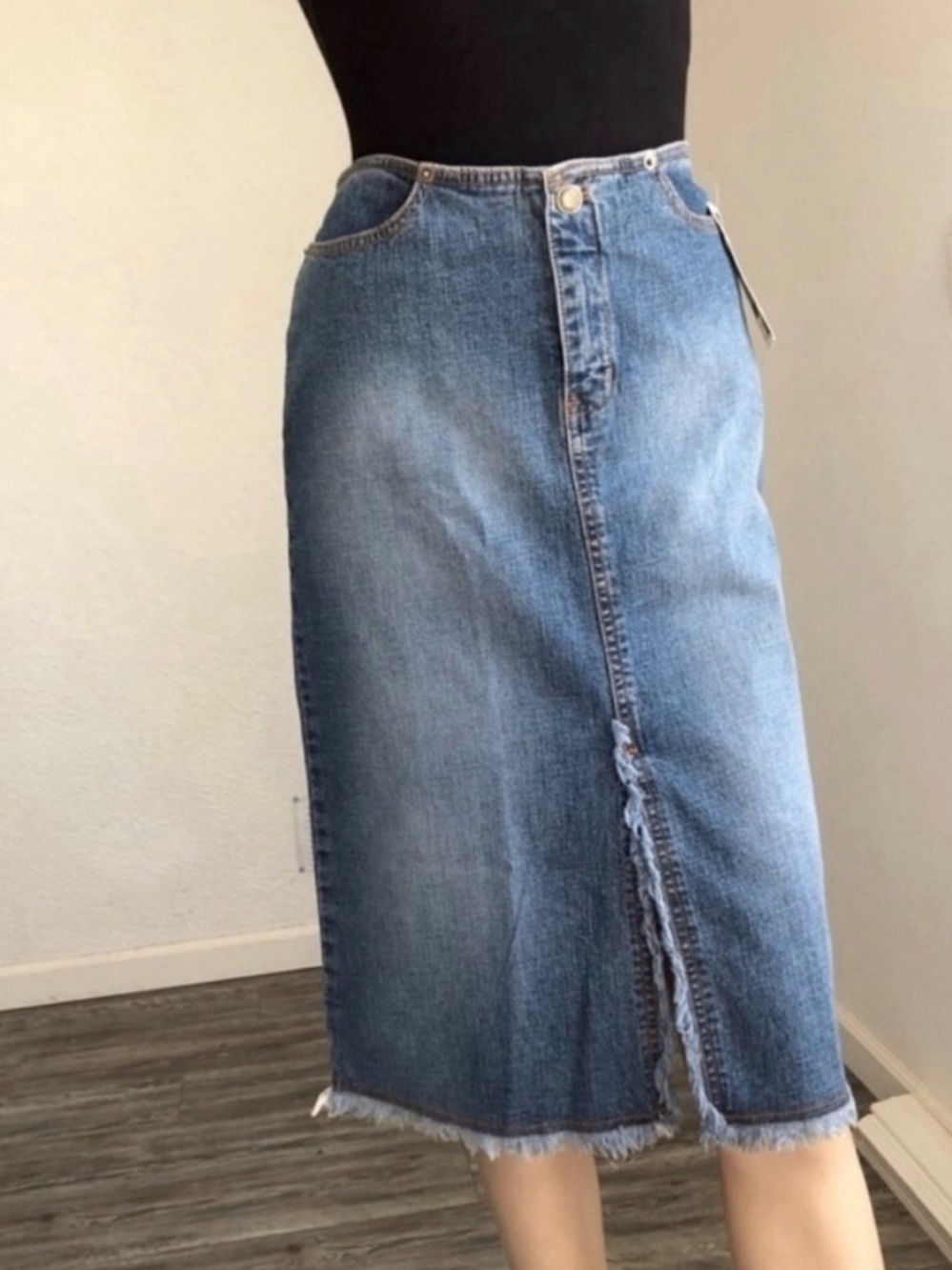 Stretch Denim Midi Skirt with Raw Hem - Blue